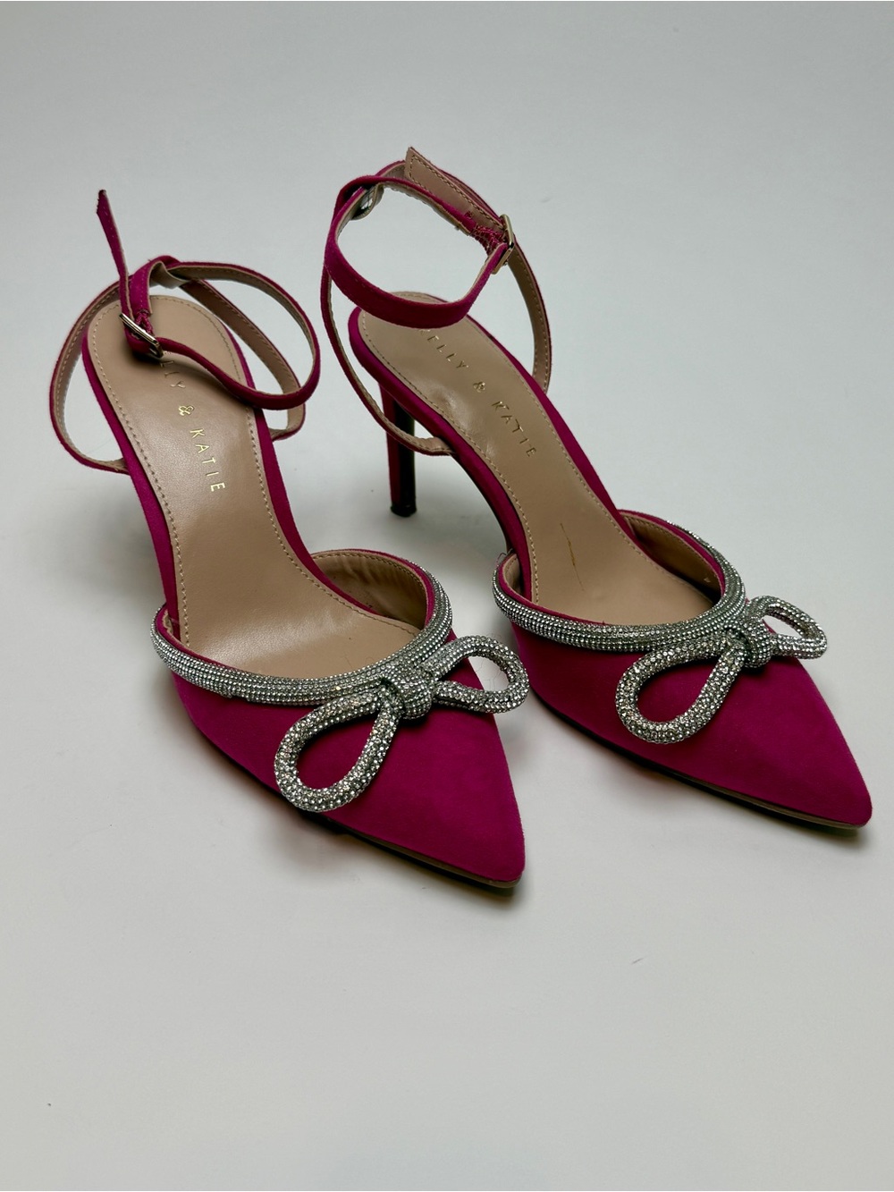 Kelly & Katie: Pink kitten heels with darling silver rhinestone bows